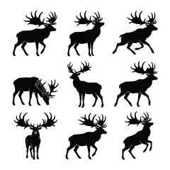 Fototapeta premium Irish Elk Silhouette Vector Set - 9 Extinct Megaloceros Giant Deer Poses for Tattoo and Graphic Design