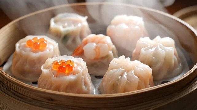 The cooked dim sum and dumpling is steaming