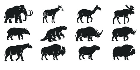 Herbivore Mammals Silhouette Vector Icon Set, Prehistoric Mammoth and Wild Animal Profile Bundle © Kagimotion
