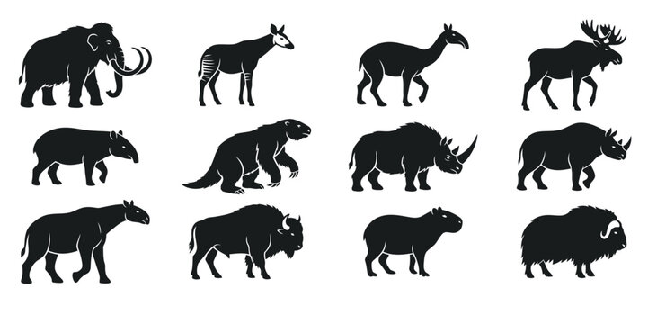 Herbivore Mammals Silhouette Vector Icon Set, Prehistoric Mammoth and Wild Animal Profile Bundle