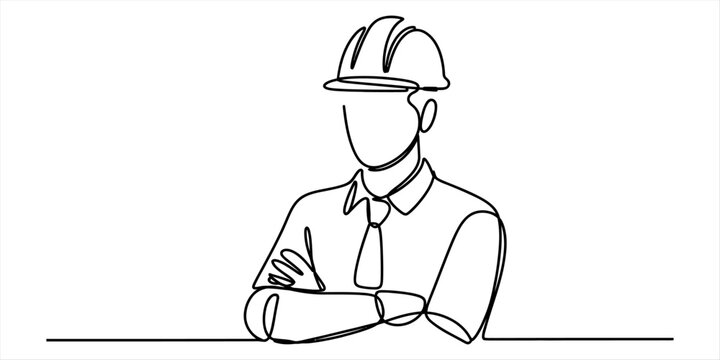 A single continuous line drawing of a professional construction worker wearing a safety helmet. Vector, illustration