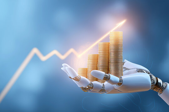 AI hand holding gold coins for concept investment mutual fund finance and business
