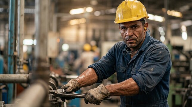 Trabalhador industrial com uniforme e capacete demonstrando for&ccedil;a dedica&ccedil;&atilde;o e import&acirc;ncia do trabalho manual em cen&aacute;rio produtivo profissional Dia do Trabalhador Trabalho