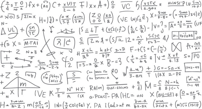 Hand drawn complex mathematical equations and formulas scattered across a white background mathematics 1