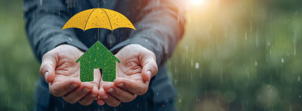 hands holding a house with an umbrella in the rain