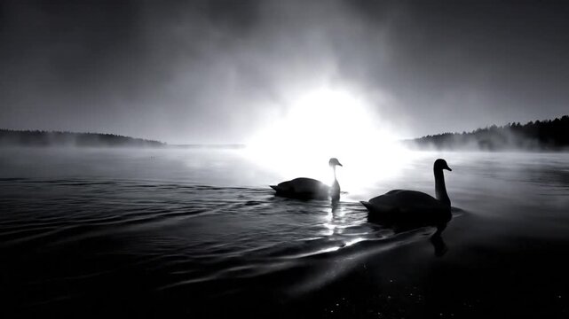Black and White Serene Scene of Two Swans Gliding Across Misty Water with Bright Sunlight in the Distance