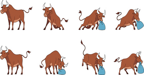 Obraz premium Bull Cartoon Collection with Running, Standing and Sack Carrying Poses Cute Farm Animal Flat Vector Illustrations for Kids Design and Storytelling Projects.