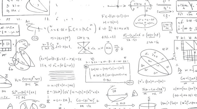 Hand drawn complex mathematical equations and diagrams on a white background with gray lines mathematics