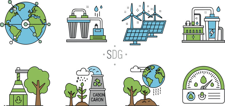 Sustainable Development Goals (SDG) Eco-Friendly Energy and Environmental Protection Illustration Featuring Wind Solar Water Carbon and Green Technologies