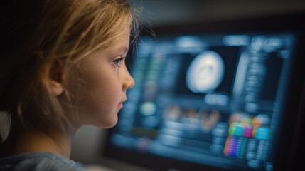 Naklejka premium Focused medium shot on an Xray console screen showing optimized lowdose radiation parameters for children with the interface sharp and the surroundings softly out of focus.