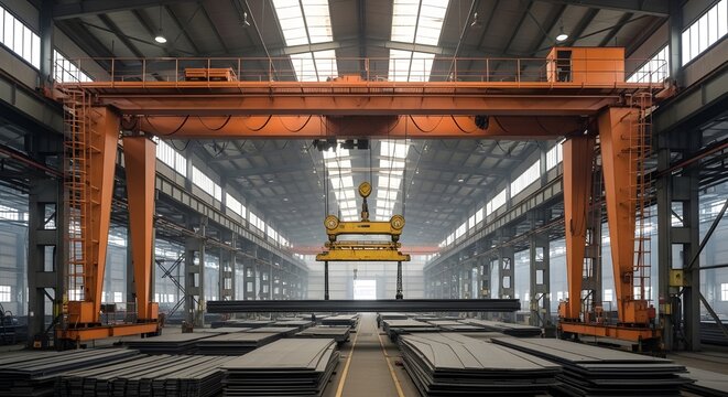 Steel Factory with Overhead Crane Lifting Heavy Slabs in Production Area