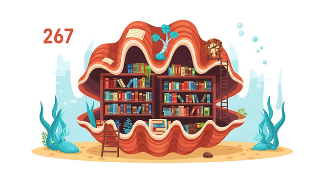 A colorful illustration of an underwater library inside a giant clamshell with books and a chair