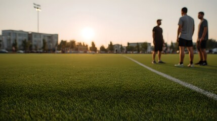 Obraz premium Three individuals stand on a vibrant sports field at sunset capturing a moment of athletic leisure and camaraderie under the wide open sky