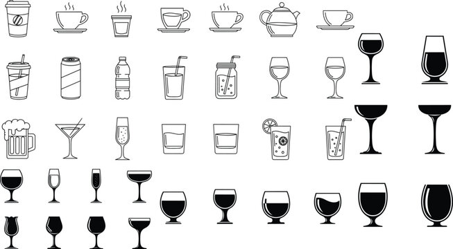 Beverage Icon Set with Coffee, Tea, Soft Drinks, Beer, and Wine Glasses for Cafes, Bars, and Digital Media Designs