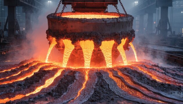 Dynamic view of continuous casting tundish with glowing molten steel feeding blooms highlighting the intense heat and movement in heavy industrial metalworking.