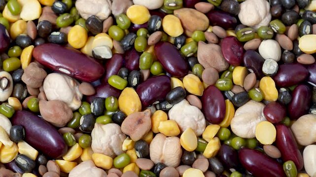 assortment of dried multi-colored beans from above, healthy ingredient, background. Close-up and selective focus. Indian dal, Tadka curry ingredients concept.