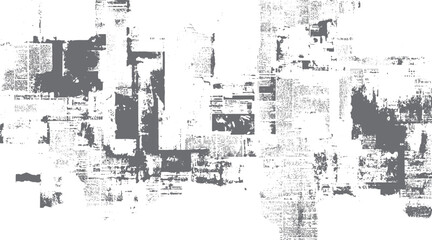 Obraz premium Abstract distressed newspaper collage with grey ink splatters and text fragments grunge