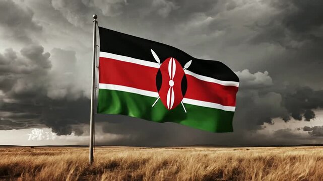 Kenya flag waving in the wind against a dramatic stormy sky and golden savanna landscape kenyan flag
