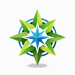 Obraz premium Stylized plant/star design with green leaves, blue accents, and a white background