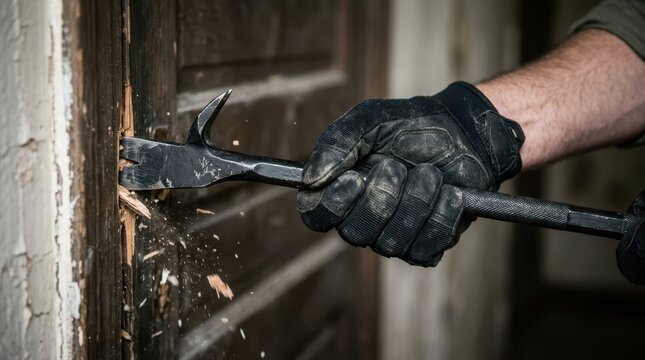 Hand Using Crowbar to Pry Open a Wooden Door in Dim Interior