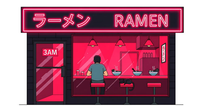 A vibrant vector illustration of a man eating ramen at a late-night restaurant