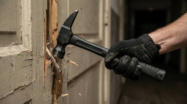 Close-Up of Hand Holding Axe Breaking Wooden Door with Force