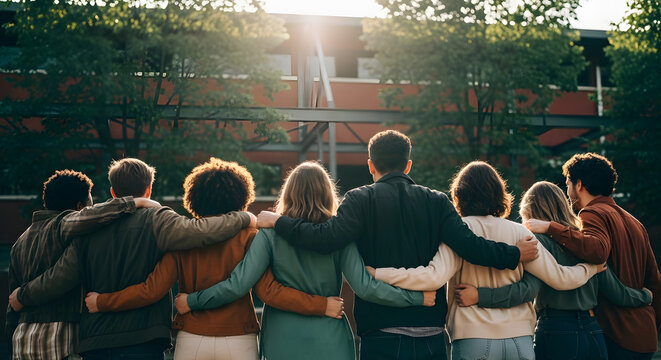 Diverse group of young adults standing together with arms around each other outdoors