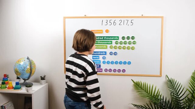 Boy exploring number structure using magnetic labels and numbers on board. Concept of analytical thinking, data organization, logical systems, and structured learning.