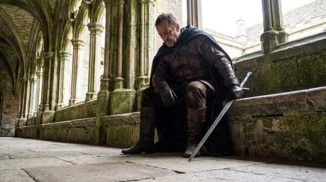 Somber Warrior Reflects in Ancient Cloistered Hallway