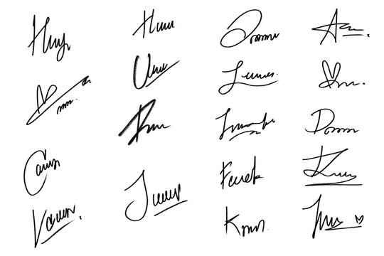 Set of Dummy Autographs. Handwritten Ink Signatures Isolated 3