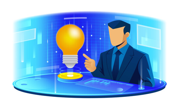 business man hologram innovation light bulb illustration