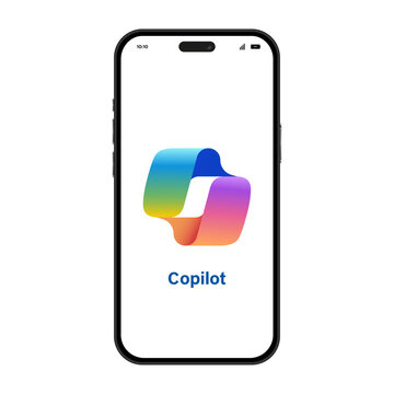 Microsoft Copilot AI assistant mobile app mockup featuring a sleek smartphone display with the official colorful gradient logo for artificial intelligence technology and software presentations.
