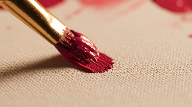 Close-up of a paintbrush with red paint being applied to a textured canvas.