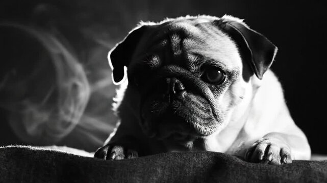 Black and White Portrait of a Pensive Pug Dog with Dark Eyes and Fur resting on a Blanket