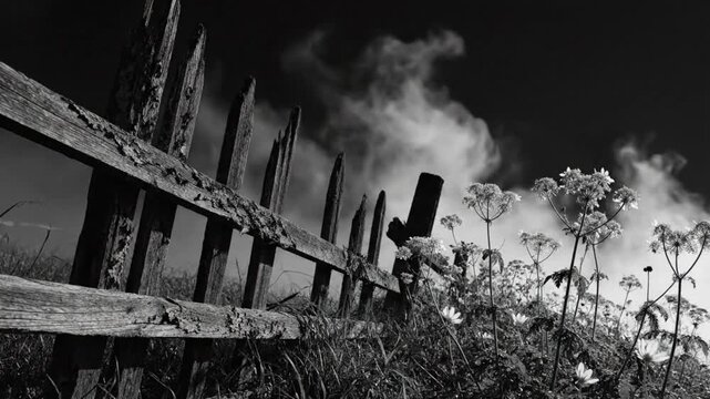 Black and white shot of an old weathered wooden fence with wildflowers and fog in a dramatic sky setting