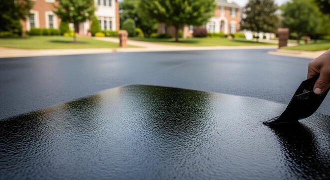 Close-up of a hand meticulously applying fresh black asphalt driveway sealer to a residential pavement, enhancing curb appeal and protection.