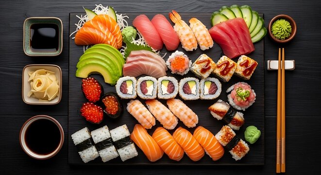 Sushi assortment with sashimi, maki rolls, and condiments on a black wooden table