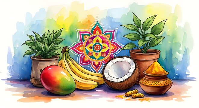 Vibrant tamil new year still life fruits flowers traditional decorations