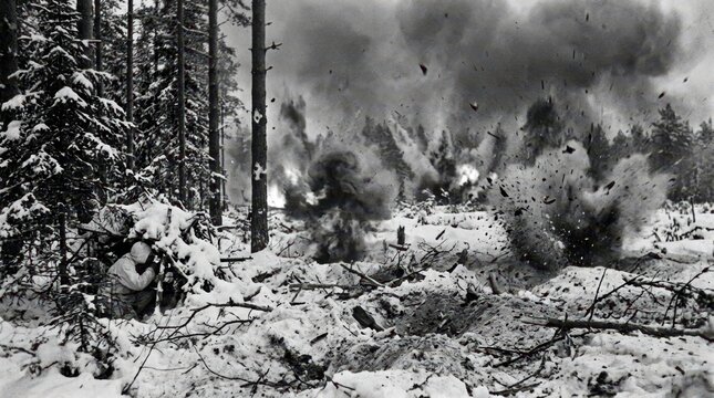 Soldier Hiding in Snow During Intense Battle in Winter Landscape