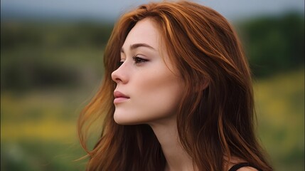 Fototapeta premium A thoughtful profile portrait of a young woman with red hair standing in a softly lit natural environment