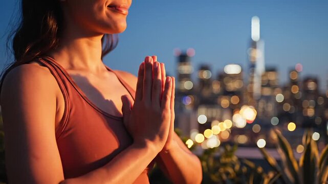 A woman holds her hands in a prayer gesture during an evening yoga or meditation session, with a vibrant city skyline illuminated by sunset in the background.