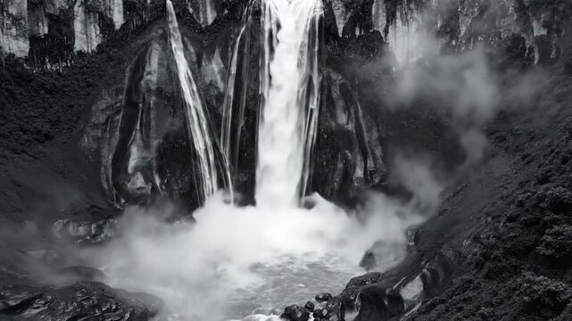 Black and white view of a powerful waterfall cascading down a rocky cliff face into a misty pool.