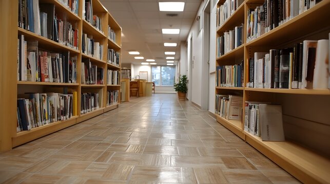 A deep view down a vast library aisle featuring packed wooden shelves filled with academic texts and knowledge