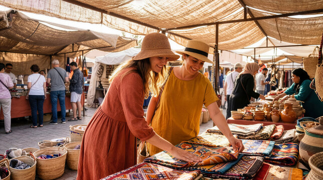 Two young women tourists exploring and touching colorful textiles at a traditional outdoor artisanal market souk