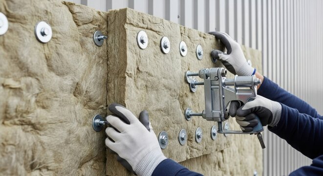 Manual repair concept with skilled worker installing insulating material to wall using fastening tools. Worker applies insulation boards with precision and care in construction setting.