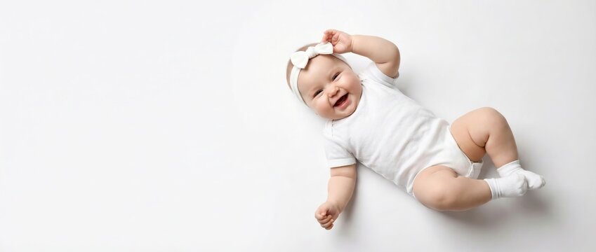 A baby wearing a white onesie and socks lies on their back with a toy above their face on a plain white background