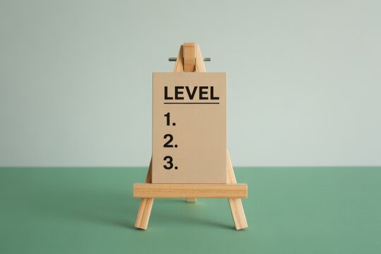 A small wooden tabletop easel displaying a level list concept