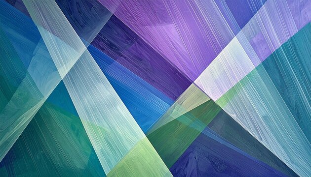 "An abstract composition of overlapping translucent triangles and parallelograms in blue, green, purple, and white, with gradients and intersecting lines creating depth and motion."