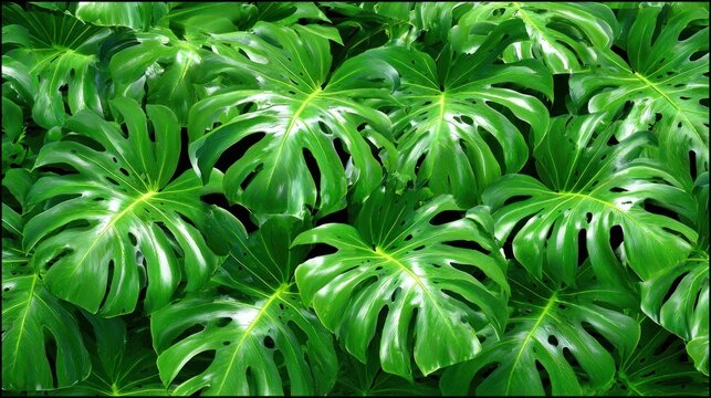 Lush, vibrant green foliage displays deeply lobed and perforated tropical plant leaves.
