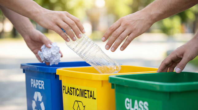 Earth Day Mother Earth hands recycling waste sorting bins environmental responsibility sustainability conservation reduce reuse editorial magazine cover website content